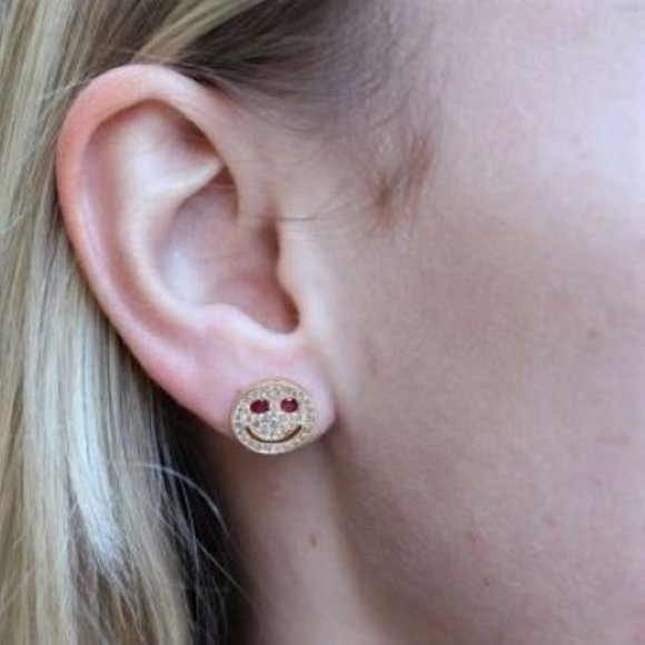 Gold Plated Smiley Face Earrings with Cubic Zirconia Stones - Picture 2 of 2